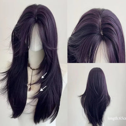 Peruca Ashely Roxo Escuro Feminina 55 cm Cabelo Longo Franja Cortina Camadas Liso Natural Cabelo Sintético Cosplay Perucas Lolita