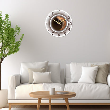 A Modern American Coffee Cup Pattern 4mm Thickeneded Tempered Glass Wall Clock Living Room Bedroom Kitchen Home Decoration Wall Clock Silent Quartz Clock Holiday Gift 12 Inches 14 Inches 16inch (Without Battery)