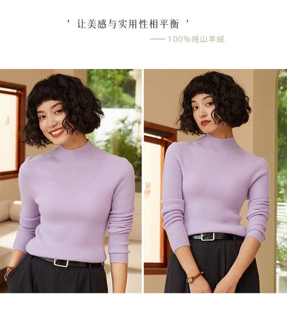 Autumn and winter new women's 100% pure cashmere semi high neck pullover sweater knitted slim fit hot selling women's top