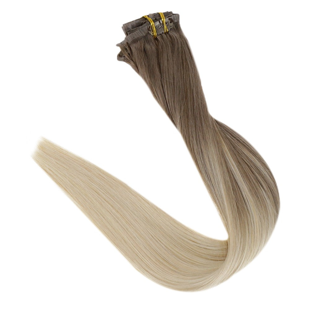 Full Shine PU Clip Hair Extensions Cabelo Humano Remy 100g Extensões Invisíveis Sem Costura de Cabelo Humano Clip-In Cor Balayage Loiro