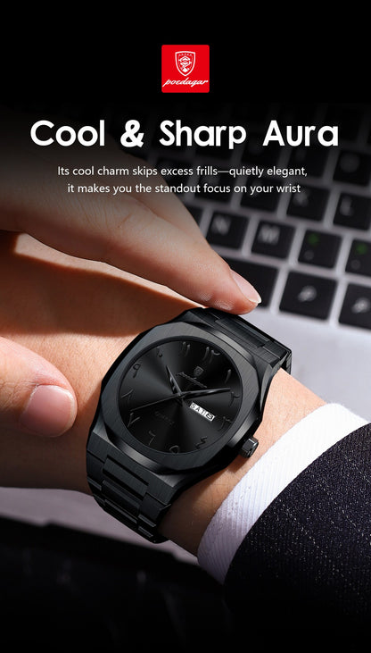 POEDAGAR Fashion High Quality Men Clock Date Week Waterproof Watch For Man Quartz Stainless Steel Luxury Men's Watches Reloj+Box