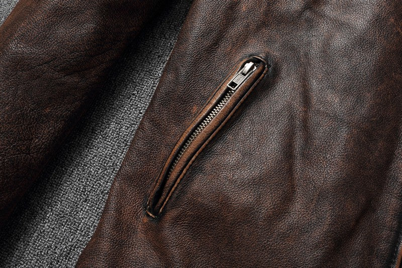 Vintage Heavyweight Cowhide Jacket, Distressed Genuine Leather Coat for Men with Stand Collar, Biker Motorcycle Leather Jacket