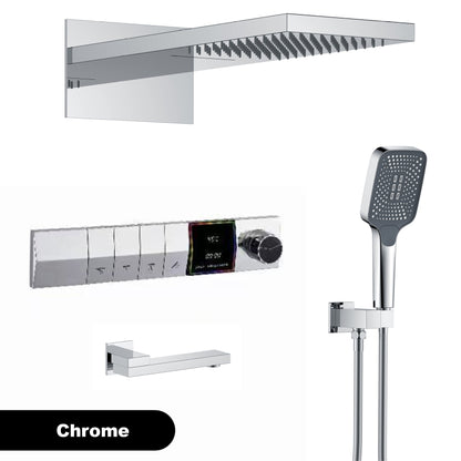 Sistema de chuveiro de parede com temperatura constante em latão cinza chumbo, montado na parede, com display digital LED, torneira de banheiro com água quente e fria