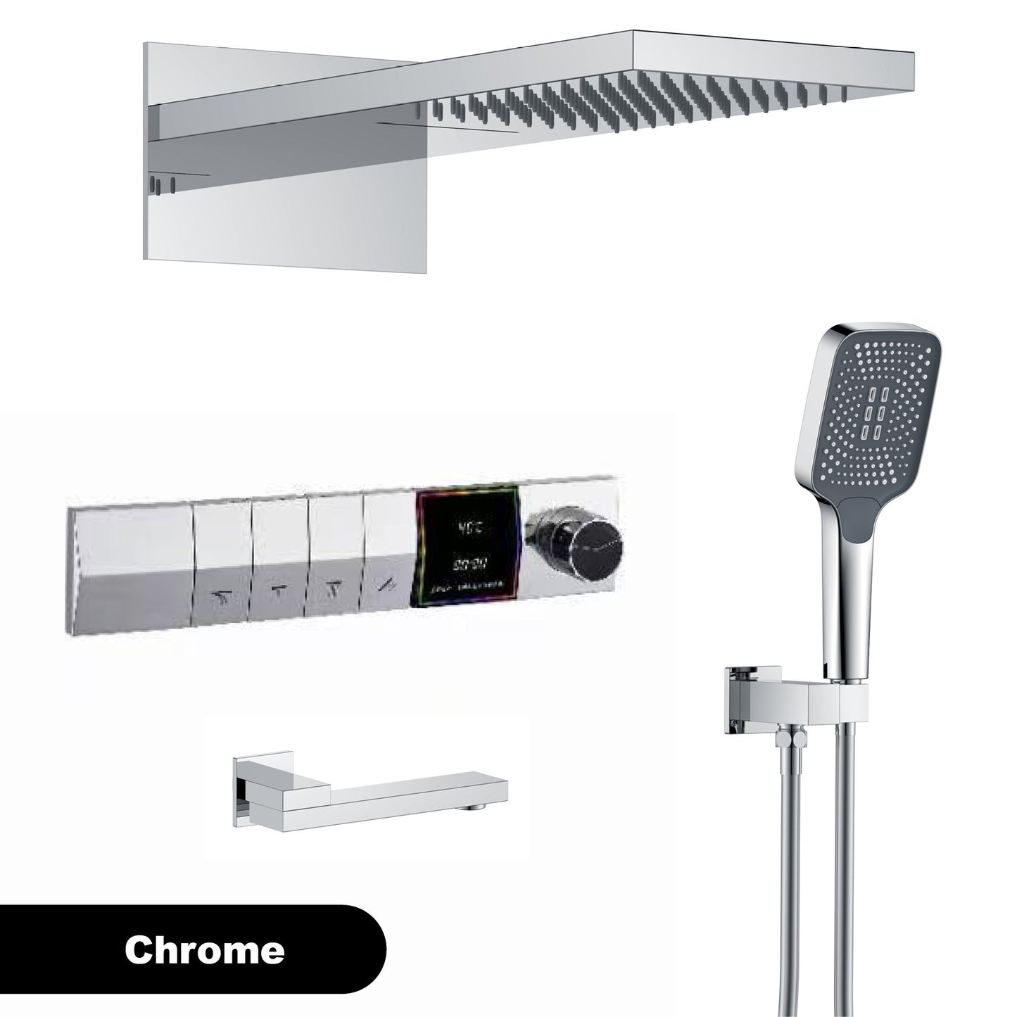 Sistema de chuveiro de parede com temperatura constante em latão cinza chumbo, montado na parede, com display digital LED, torneira de banheiro com água quente e fria