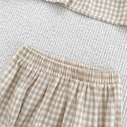 Girls Summer Fashion Set Children's Embroidered Grid Puff Sleeve Top+Shorts Two Piece Cute Baby Girls Clothes Set Baby Clothes