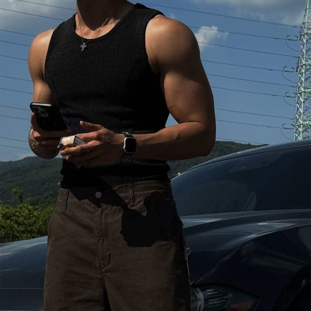 Summer American Men's Vest Wearing Thick Thread Slim Vest Men's Sports Training Striped Vest Base T-shirt Fitness GYM