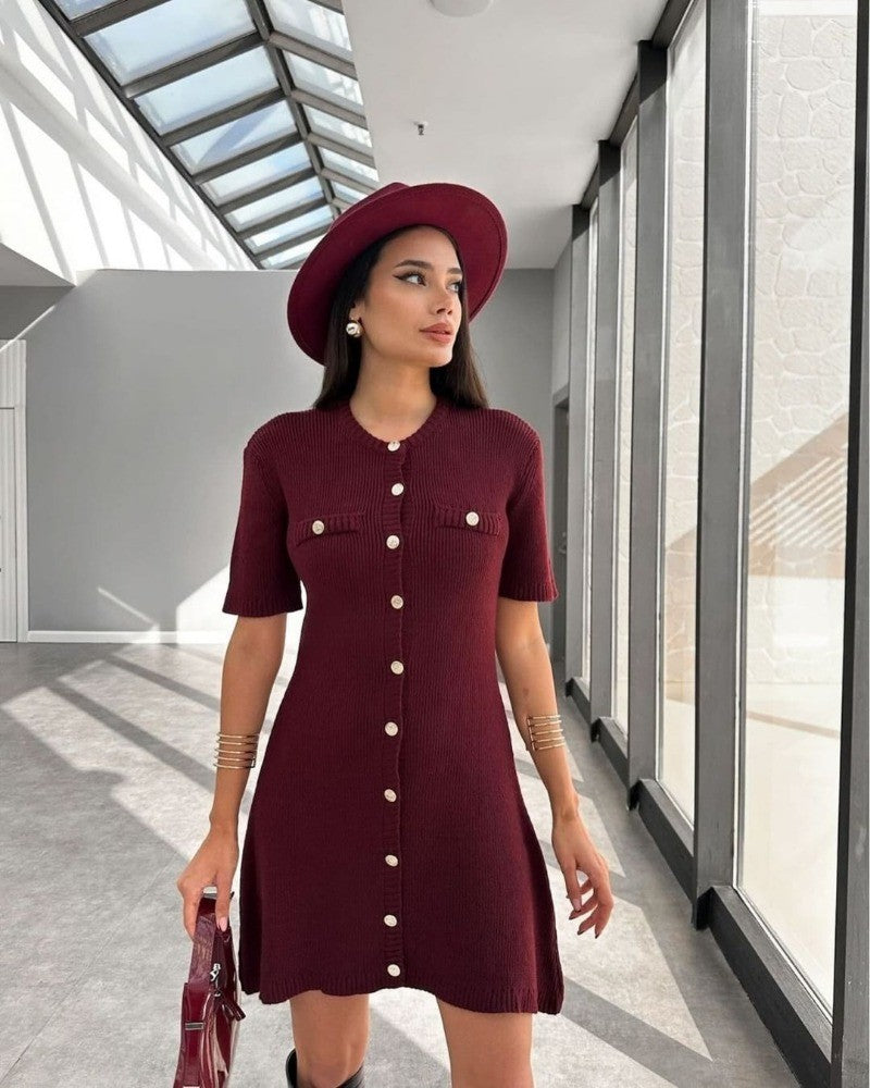 Trendix Elegant Knit Mini Dress Women Street Slim High Waist Short Sleeve Rib Sw