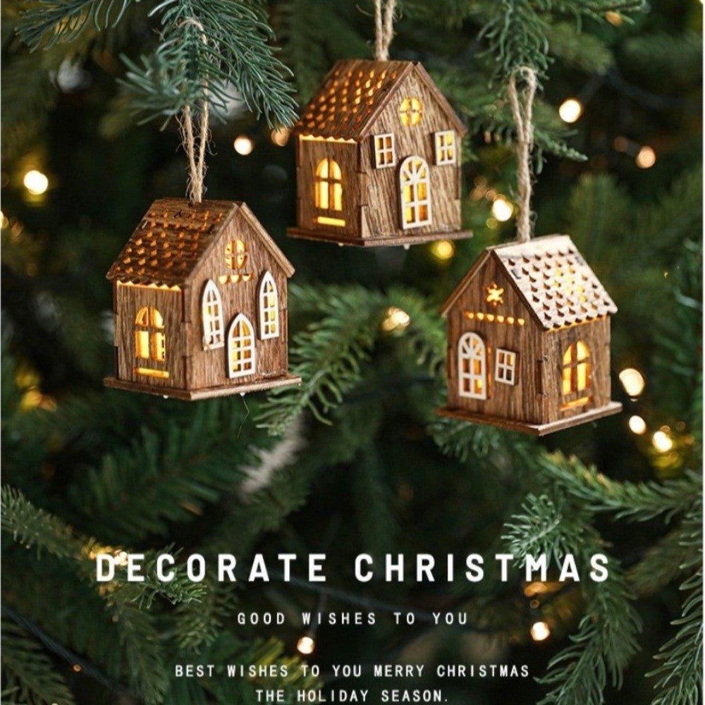 New Luminous Wooden House Christmas Pendants New Year Creative Xmas Tree Ornaments Gifts Pendant Christmas Decorations