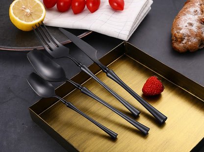 Conjunto de Talheres 24 Peças Aço Inox Fosco Preto Dourado Jogo de Talheres de Mesa Faca Colher Garfo Lavável em Lava-louças