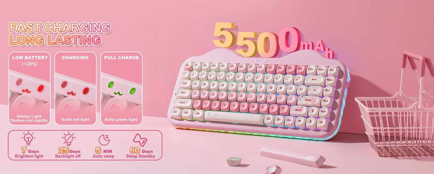 Teclado Mecânico Sem Fio Rosa YUNZII C75, Teclado RGB Hotswap Cremoso 75%, Suporte Gasket Design Cute Cake para Win/Mac/Gaming