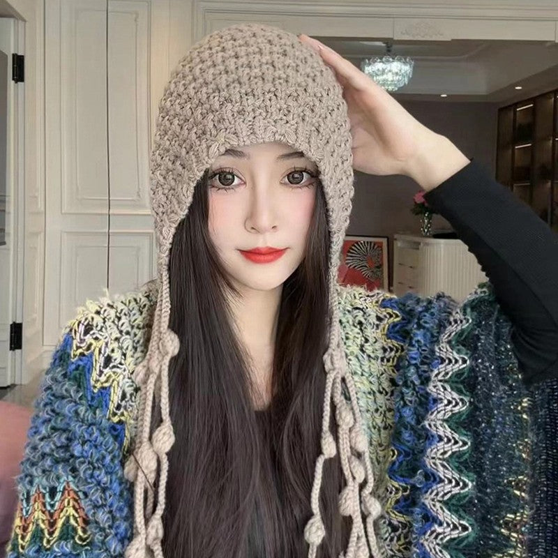 Autumn Winter Women's Hat Hand-knitted Woolen Tassel Cap Beanie Fashion Ear-protecting Cap Outdoor Warmth Headscarf Hat