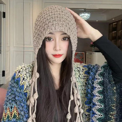 Autumn Winter Women's Hat Hand-knitted Woolen Tassel Cap Beanie Fashion Ear-protecting Cap Outdoor Warmth Headscarf Hat
