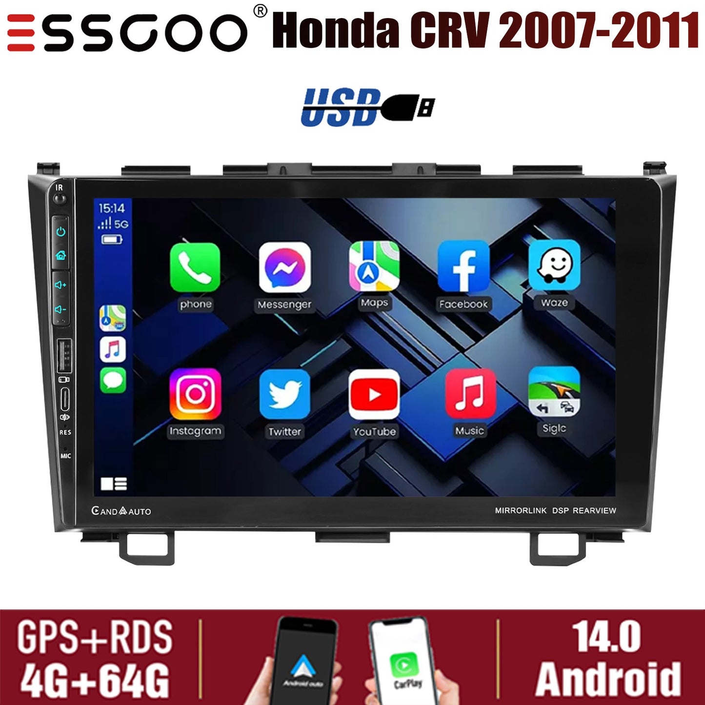 4+64G For Honda CR-V CRV 2007-2011 Android14 Carplay 9" Car Stereo Radio WiFi BT USB GPS Navigation IPS Touch Screen FM/RDS SWC