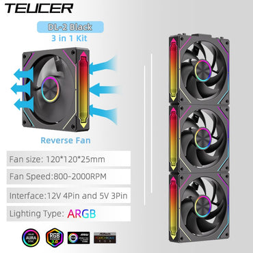 TEUCER DL-2 ARGB PC Fan 3-in-1 Case Fan Compatible with 240 360 Water Cooling Radiator Wireless Cooling Fan Kit
