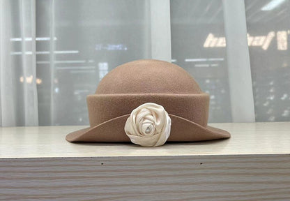 French light luxury Australian wool felt hat Hepburn style camellia flower small brim basin hat women elegant banquet top hat