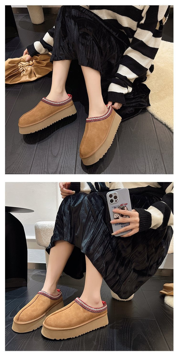 Snow Boots for Women 2024 Winter New Cashmere Warm Platform Without Heel-covered Hair Half Slipper Cotton Shoes for Women Q426