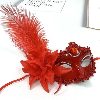 Feather Rhinestones Masquerade Mask Lace Women Flower Fashion Half Face Sexy Halloween Christmas Easter Cosplay Party Prom White