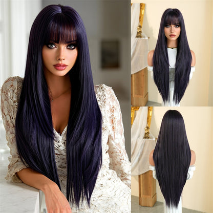 Peruca feminina dourada e branca, moderna com cabelo liso ultralongo, peruca preta completa, com franja e cobertura total da cabeça,