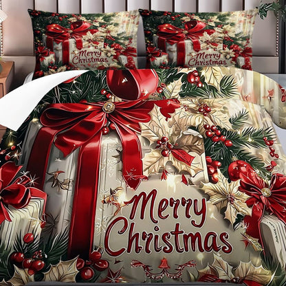 Conjunto de Cama de Natal Laço Vermelho Flores Estampadas Capa de Edredom Aconchegante Tamanho King Queen Solteiro Presente de Ano Novo Natal Decoração de Quarto
