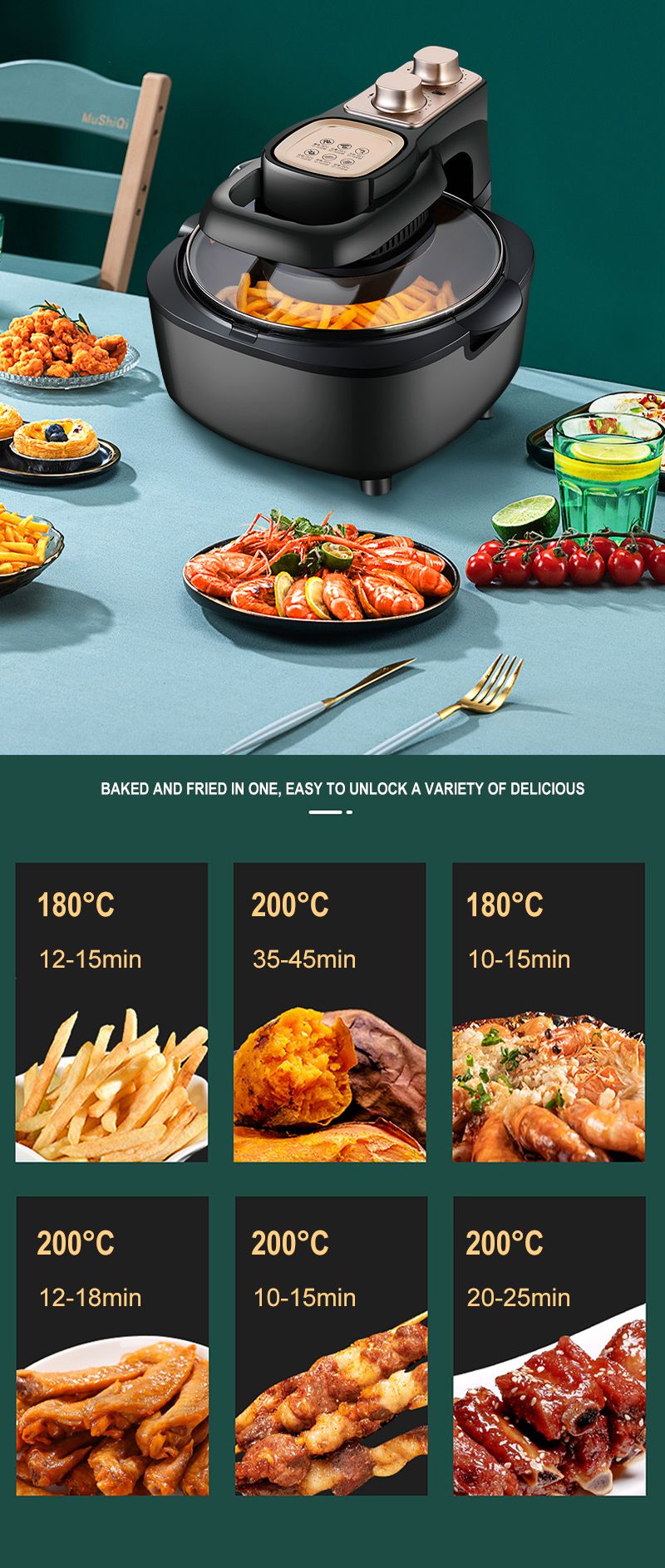 Fritadeira de Ar Doméstica Multifuncional Sem Óleo Inteligente 6L Forno 220V 1100W Painel LED Touch Controle de Temperatura Fritura a Ar Visual