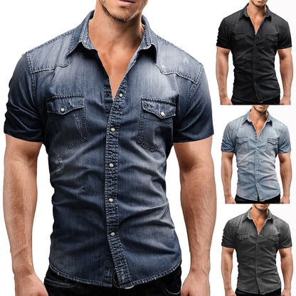 New 2025 Men's Denim Shirt Fashion Short Sleeve Soft Solid Slim Cowboy Tops Men Trend Streetwear Vintage Casual Cardigan T-shirt