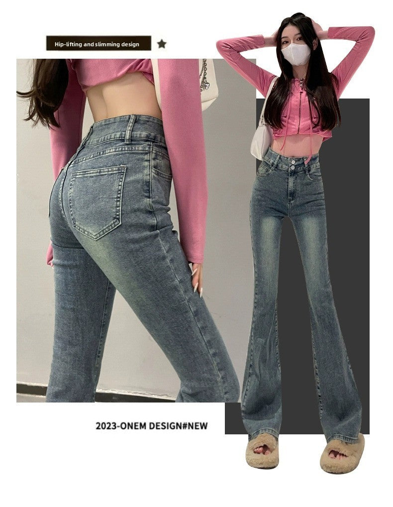 High Waist Fce Lined Thiened Autumn Winter American Bla ey Micro Flared Jeans Women Slimming Legging  Hoof Pants