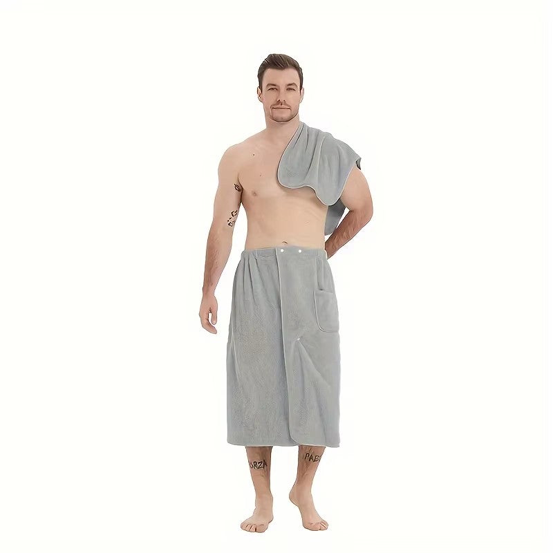 2 Pcs Men's Quick-Dry Coral Fleece Bathrobe Set - Adjustable Waistband with Pockets, Premium SPA Bath Essentials