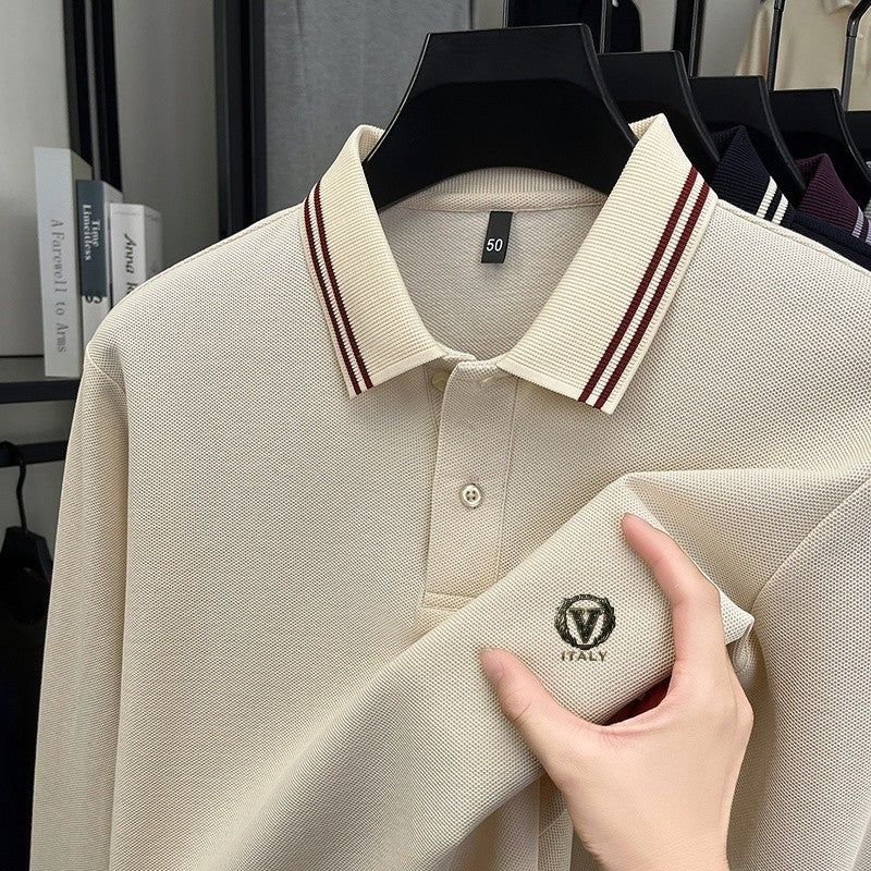 100Cotton Luxury Quality Men's Polo Shirt Striped Collar Breathable V-Print Long Sleeve Autumn Lapel T-Shirt Business Menswear