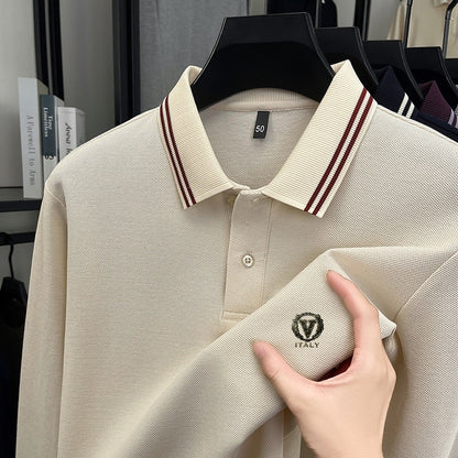 100Cotton Luxury Quality Men's Polo Shirt Striped Collar Breathable V-Print Long Sleeve Autumn Lapel T-Shirt Business Menswear