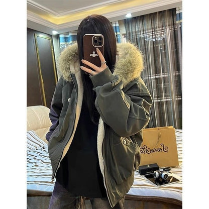 American Street Fur Collar Zipper Hooded Jacket Women Autumn Winter Retro New Velvet Thickened Warm Fashion Loose Casual Jacket