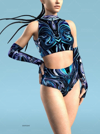 Adult Summer Role Play Bodysuit Women Sexy Hollow Sleeveless Blue Graffiti Art Swimsuit Carnival Party Stage Performance Clothes