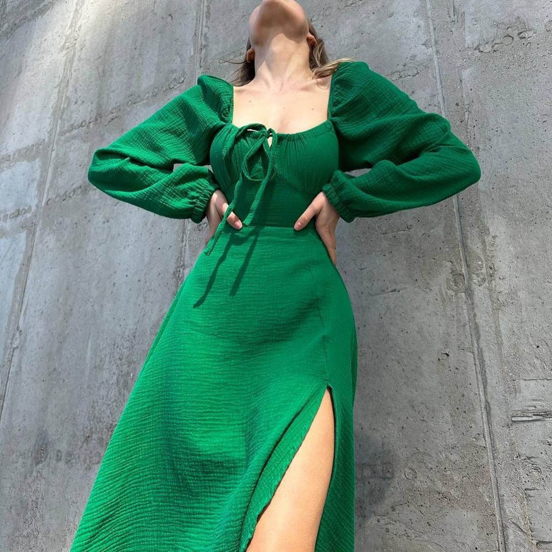 Lace-up Square Collar Sexy Dress Women Autumn Lantern Sleeve Solid Cotton Slit R