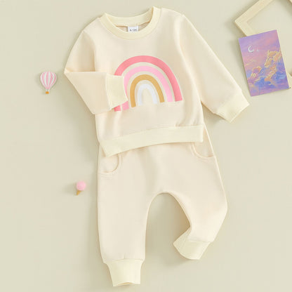 Pudcoco Infant 2PCS Baby Girls Fall Outfits Long Sleeve Rainbow Print Sweatshirt + Pants Set Toddler Clothes 3M-3T