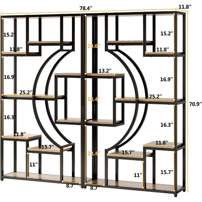 70.8" Tall Bookshelf Set of 2, 79" Wide Geometric Display Shelf with 18 Open Storage Shelves, Scratch-Resistant Gray Wash