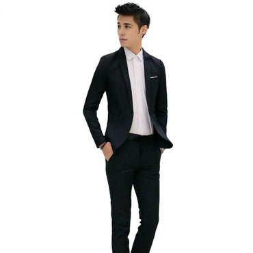 2Pcs/Set Men Slim Fit Suit Set Lapel Long Sleeve Single Button Suit Coat Mid-rise Long Pants Set Solid Color Business Outfit