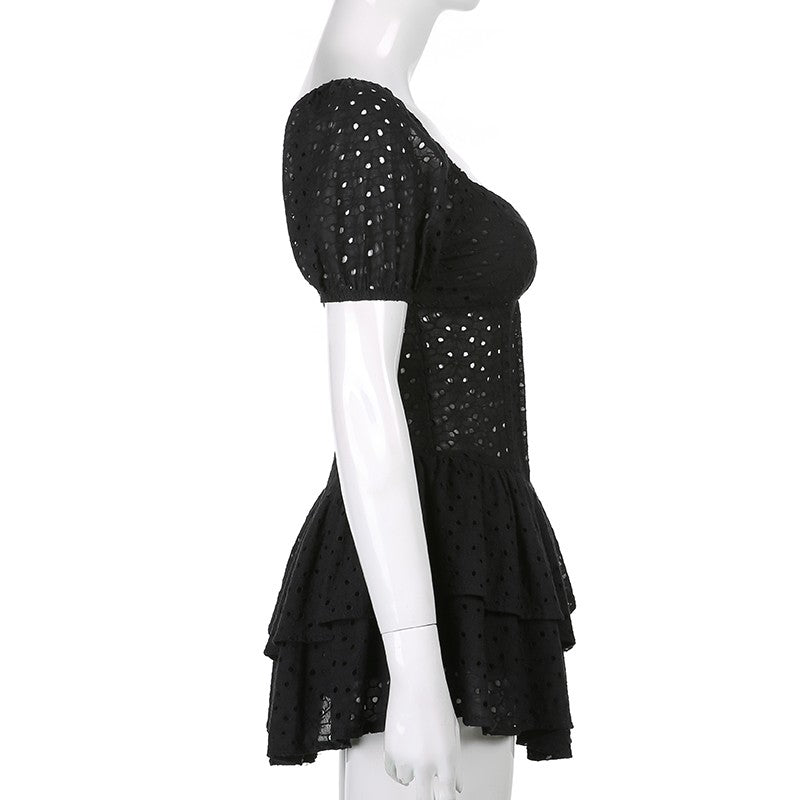 V Neck Ruffles Pleated Dress Women Puff Sleeve Chic Black Summer Dress 2025 Part