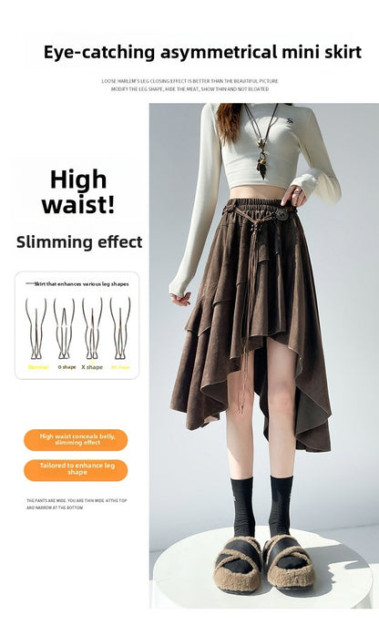 Caramel Suede Half-length Skirt Women's Autumn Winter New Irregular Belt Slim A- Line Midi Umbrella Skirt Comfortable Casual S .