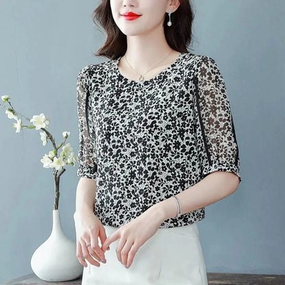 Women Summer Style Chiffon Blouses Shirts Lady Casual Short Puff Sleeve O-Neck Flower Printed Blusas Tops