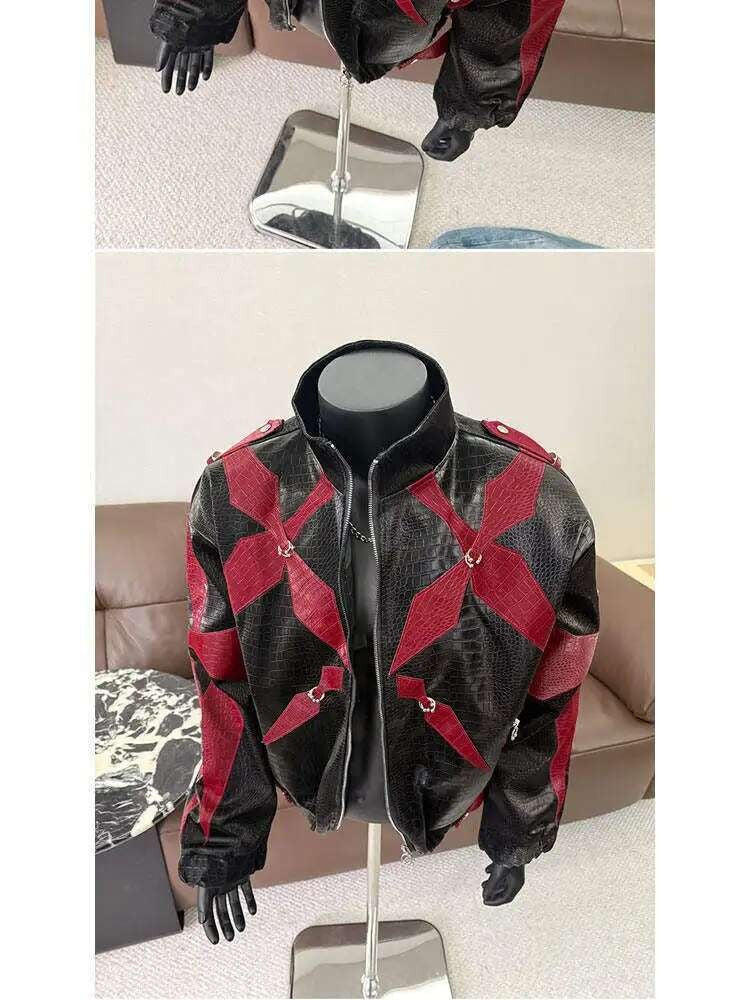PFHQ Men's PU Leather Jacket 2025 Zipper Stand Collar Contrast Color Korea Fashion Darkwear Male Tops Casual 21E2807