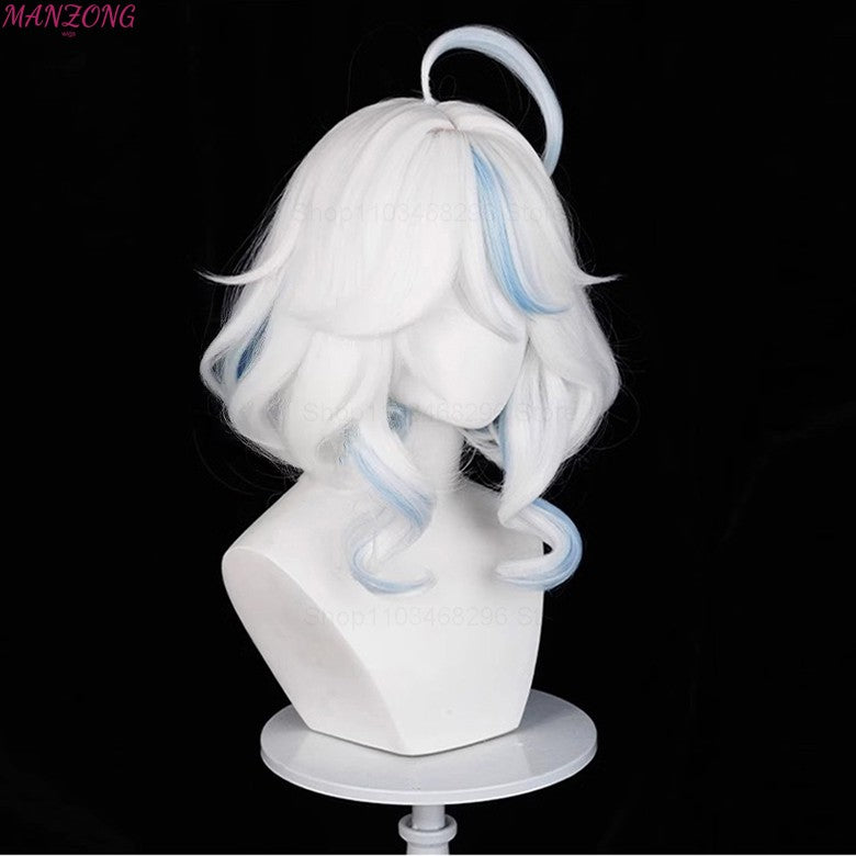 Peruca Curta Furina Peruca Cosplay Focalors Curta Prata Branca Azul Peruca Cosplay Anime Perucas Cosplay Resistente ao Calor Sintética + Touca de Peruca