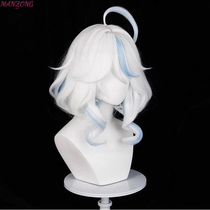 Peruca Curta Furina Peruca Cosplay Focalors Curta Prata Branca Azul Peruca Cosplay Anime Perucas Cosplay Resistente ao Calor Sintética + Touca de Peruca