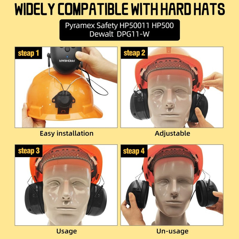 PROHEAR Bluetooth 5.3 Earmuffs Adapter for 3M H-700 Hard Hats DEWALT Hard Hat Hearing Protectors for Construction Worker Mowing