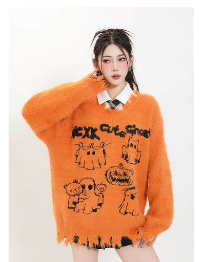 KKyesiou Dopane Orange Knitted Sweater loween Design Men Women Retro American Sle Couple's Long Sve Casual Loose Fit