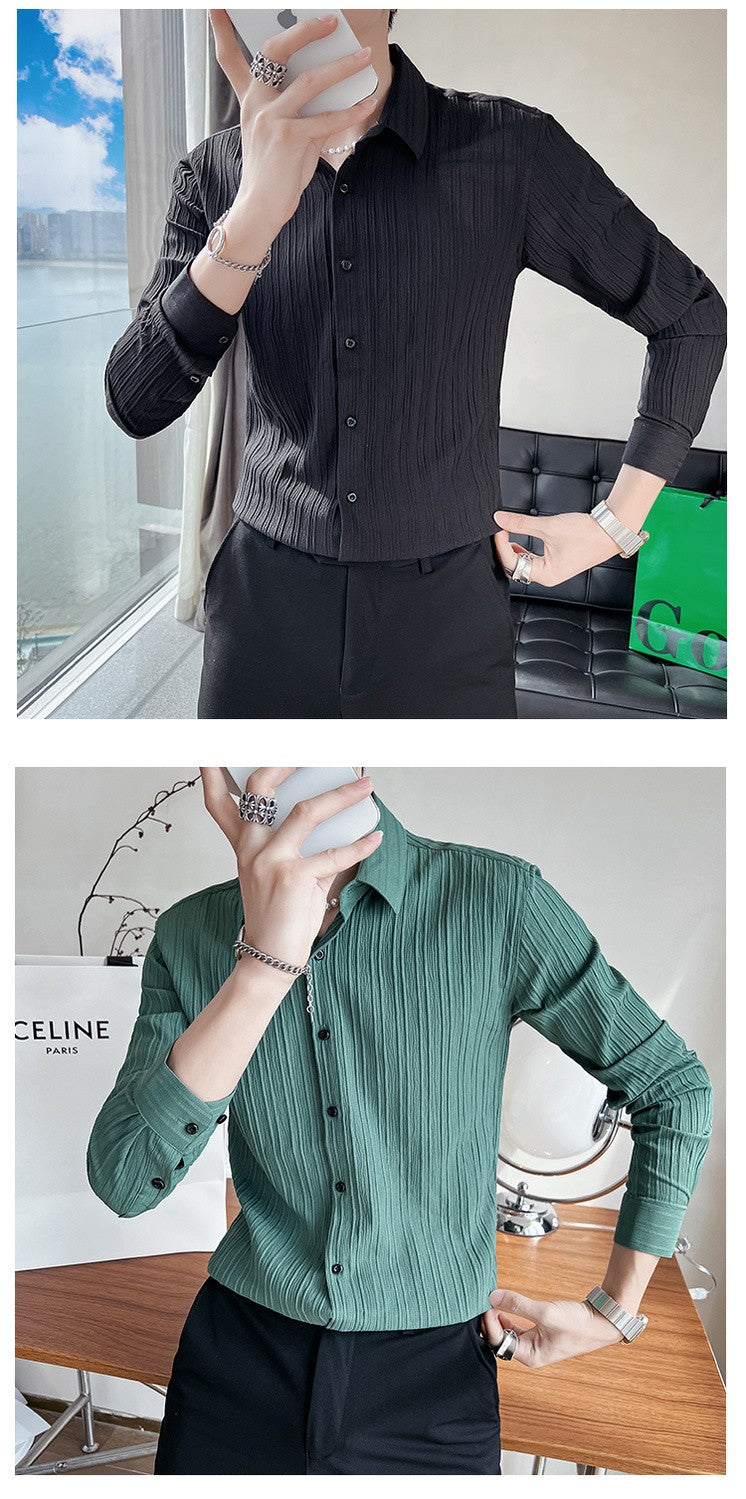 Streetwear Fashion Korean Clothing Solid Shirts Spring Autumn Men Long Sleeve Striped Lapel Single Sockets Business Casual Tops