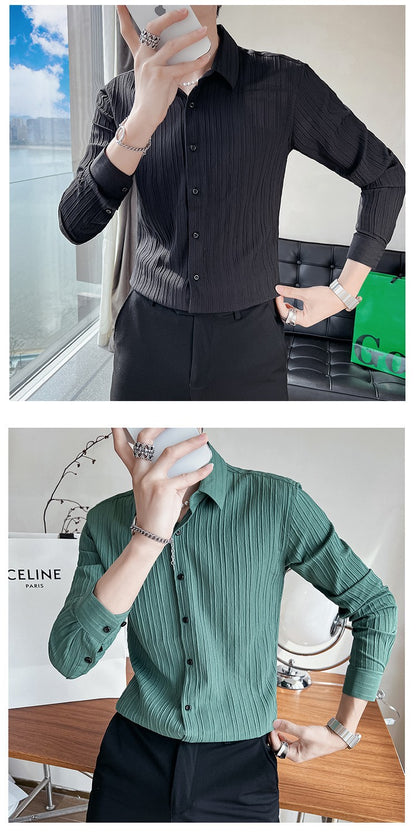 Streetwear Fashion Korean Clothing Solid Shirts Spring Autumn Men Long Sleeve Striped Lapel Single Sockets Business Casual Tops