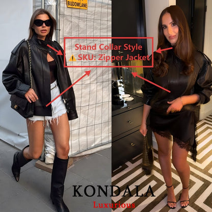 KONDALA Casual Chic Black Leather Jackets Women Long Sleeve Buttons Elastic Oversized Coats Fashion 2025 Fall Streetwear Coats