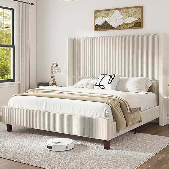King Size 61" Corduroy Platform Bed Frame with Vertical Stripe Wingback Headboard, No Box Spring Needed