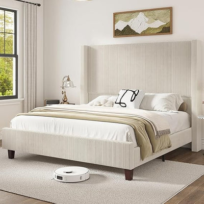 King Size 61" Corduroy Platform Bed Frame with Vertical Stripe Wingback Headboard, No Box Spring Needed