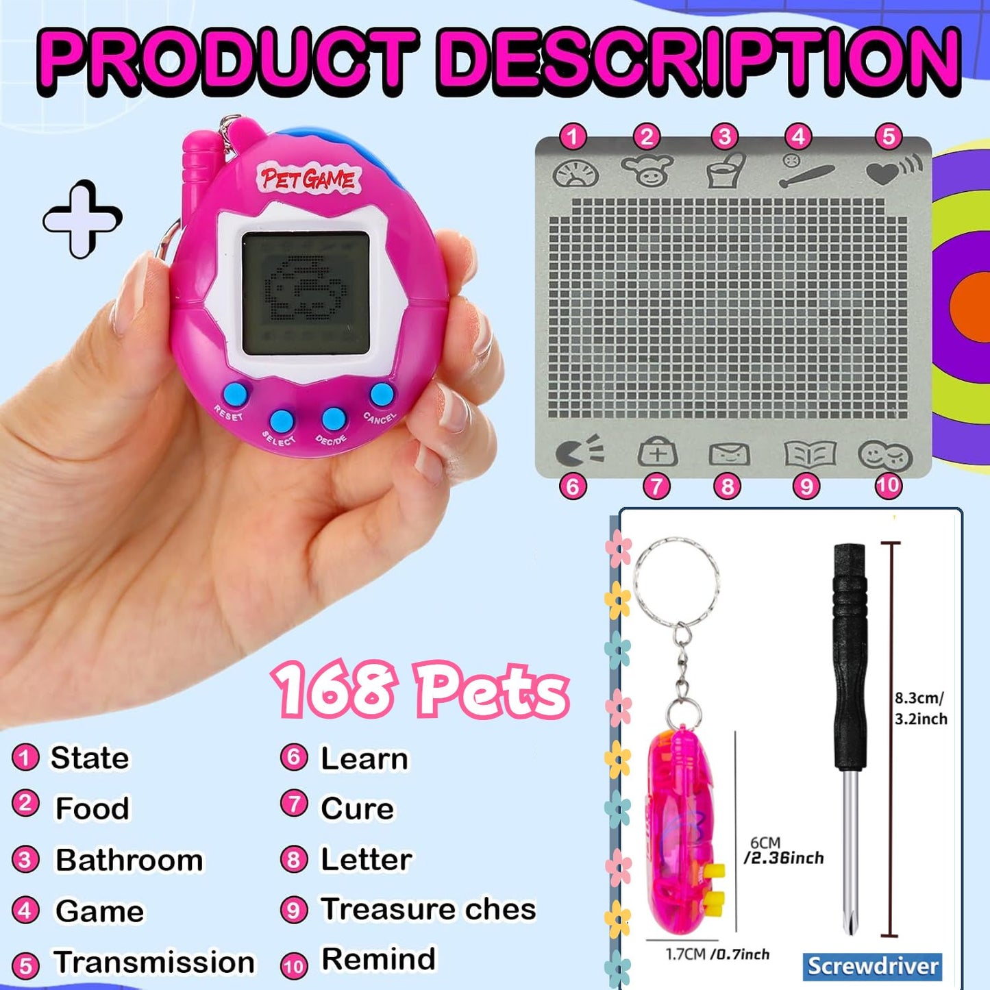 64-6PCS Virtual Pet Keychain Tamagotchi Electronic Toys for kids Video Game Party Favors Birthday Gifts School Classroom Prizes