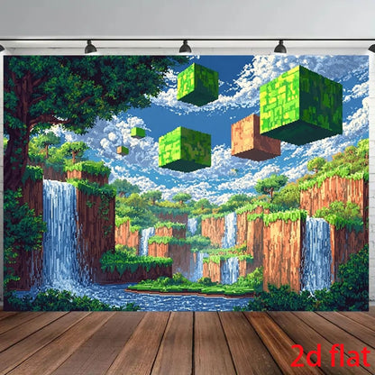 Pixel-style floating cube waterfall landscape 2D flat banner game room decoration digital art tapestry wall hanging, suitable